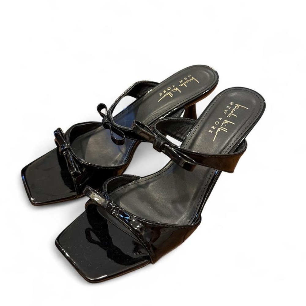 Nicole Miller New York Black Patent Kitten Heel Bow Square Toe Slide Sandals 8